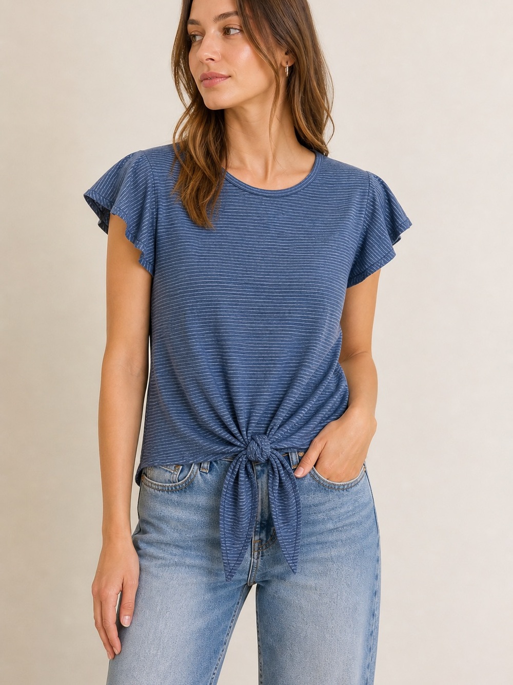 Max Studio Blue Striped Top w/ Ruffle Sleeves & Split Front – Size S